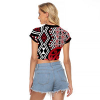 New Zealand Raglan Cropped T Shirt Aotearoa Kowhaiwhai Mix Taniko Art - Red LT14 - Polynesian Pride