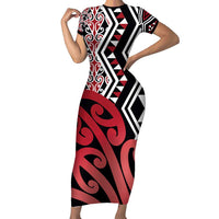 New Zealand Short Sleeve Bodycon Dress Aotearoa Kowhaiwhai Mix Taniko Art - Red LT14 Long Dress Red - Polynesian Pride
