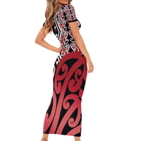New Zealand Short Sleeve Bodycon Dress Aotearoa Kowhaiwhai Mix Taniko Art - Red LT14 - Polynesian Pride