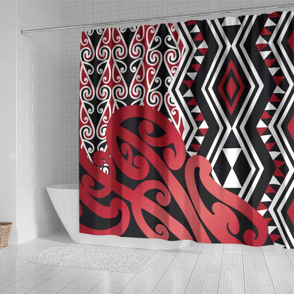New Zealand Shower Curtain Aotearoa Kowhaiwhai Mix Taniko Art - Red LT14 - Polynesian Pride