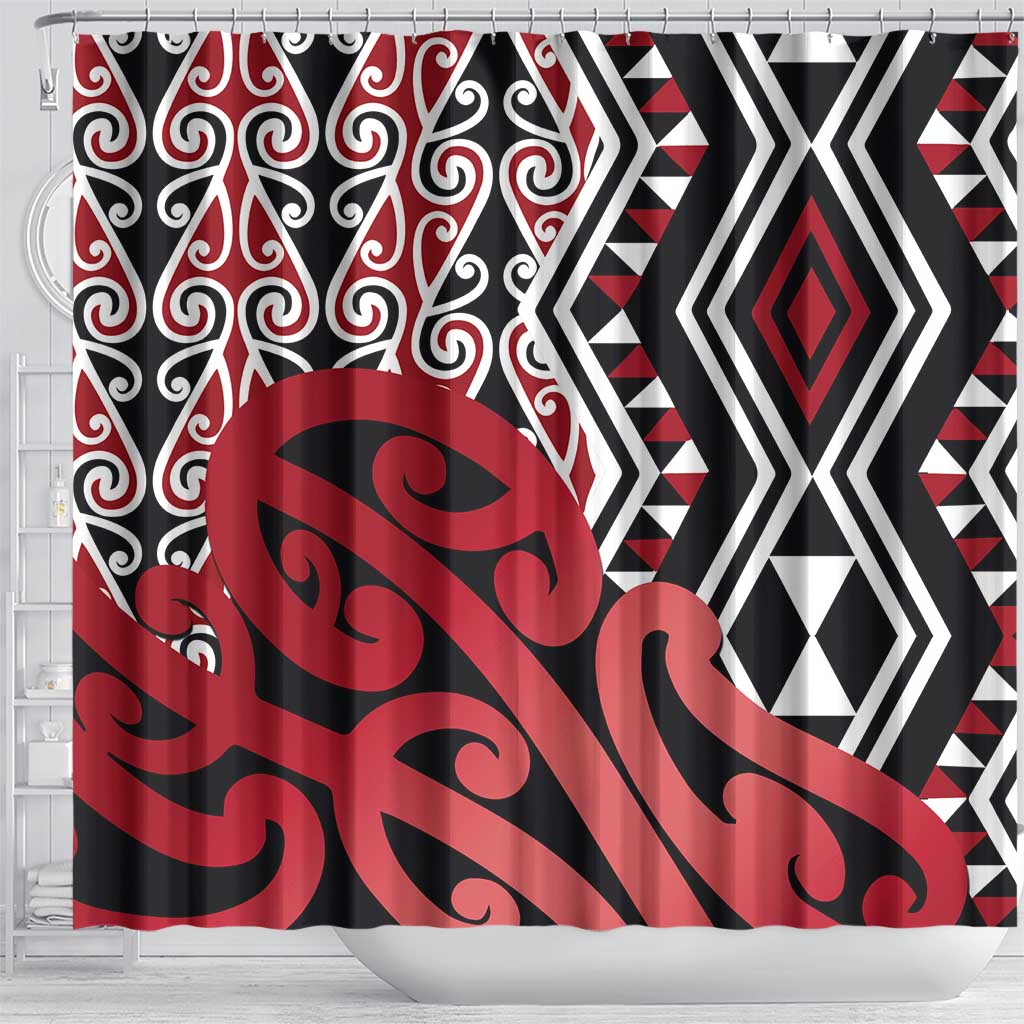 New Zealand Shower Curtain Aotearoa Kowhaiwhai Mix Taniko Art - Red LT14 - Polynesian Pride