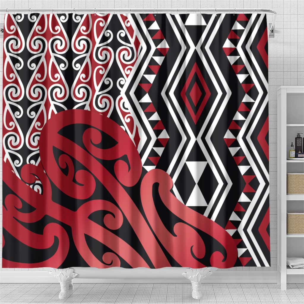 New Zealand Shower Curtain Aotearoa Kowhaiwhai Mix Taniko Art - Red LT14 - Polynesian Pride