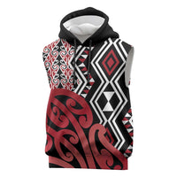 New Zealand Sleeveless Hoodie Aotearoa Kowhaiwhai Mix Taniko Art - Red LT14 Red - Polynesian Pride
