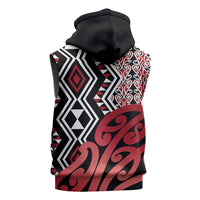 New Zealand Sleeveless Hoodie Aotearoa Kowhaiwhai Mix Taniko Art - Red LT14 - Polynesian Pride