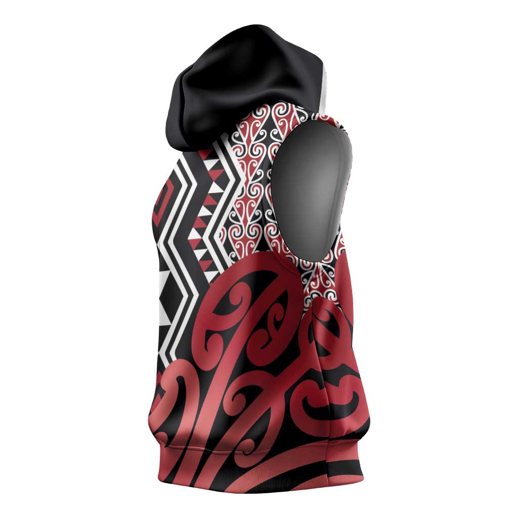 New Zealand Sleeveless Hoodie Aotearoa Kowhaiwhai Mix Taniko Art - Red LT14 - Polynesian Pride