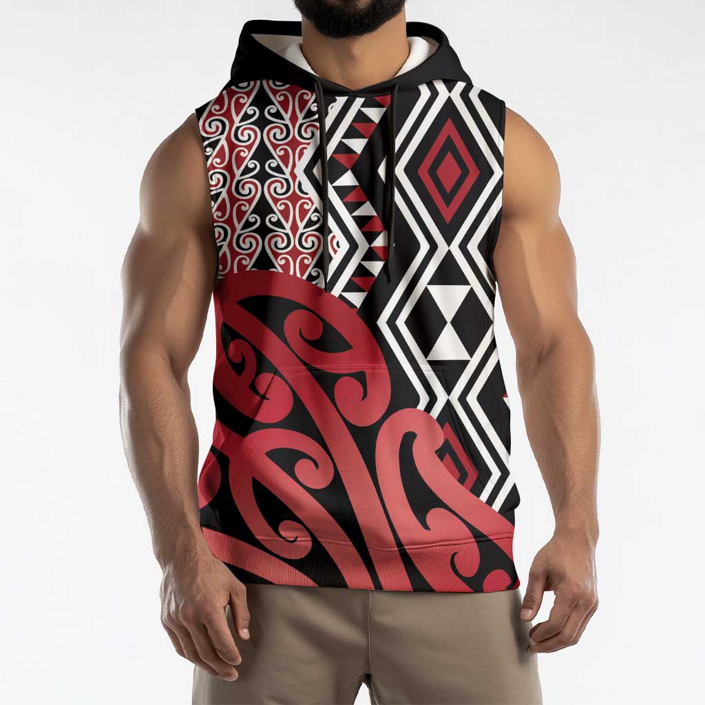 New Zealand Sleeveless Hoodie Aotearoa Kowhaiwhai Mix Taniko Art - Red LT14 - Polynesian Pride