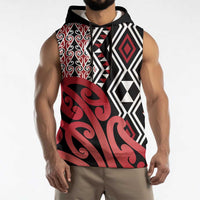 New Zealand Sleeveless Hoodie Aotearoa Kowhaiwhai Mix Taniko Art - Red LT14 - Polynesian Pride