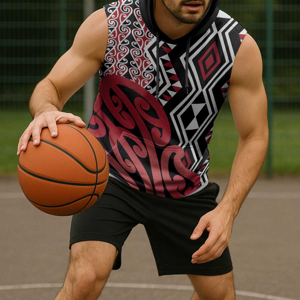 New Zealand Sleeveless Hoodie Aotearoa Kowhaiwhai Mix Taniko Art - Red LT14 - Polynesian Pride