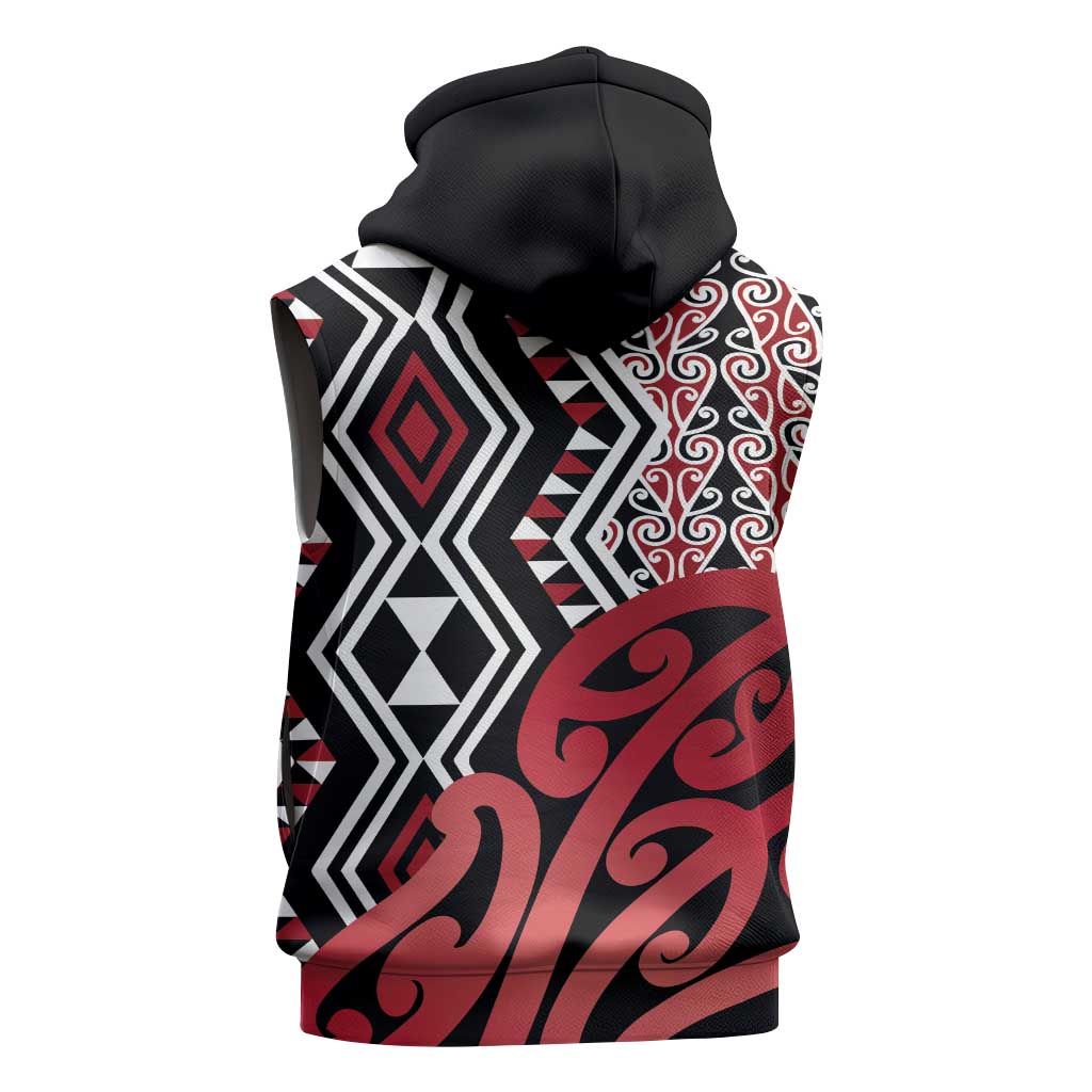 New Zealand Sleeveless Zip Hoodie Aotearoa Kowhaiwhai Mix Taniko Art - Red LT14 - Polynesian Pride