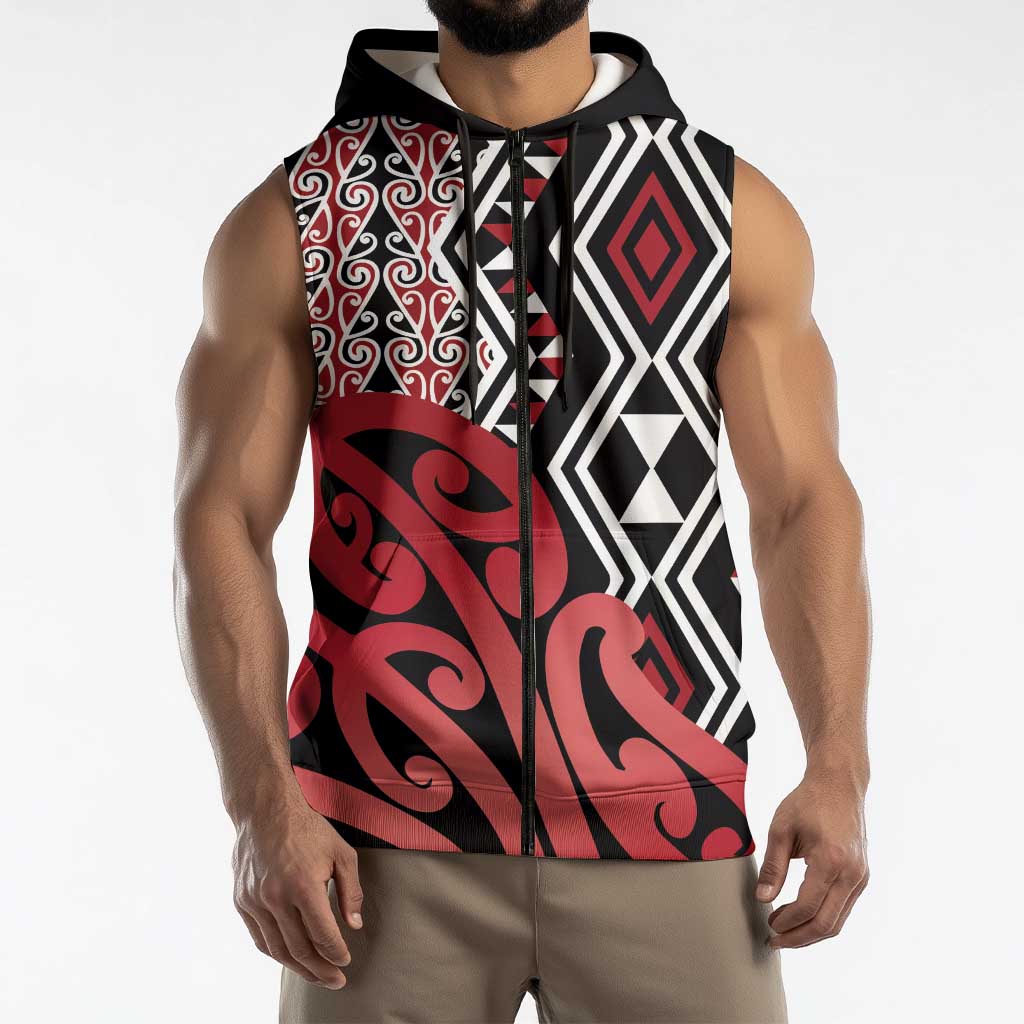 New Zealand Sleeveless Zip Hoodie Aotearoa Kowhaiwhai Mix Taniko Art - Red LT14 - Polynesian Pride
