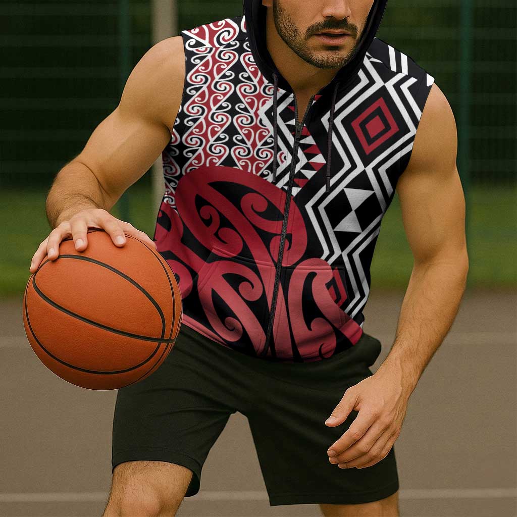 New Zealand Sleeveless Zip Hoodie Aotearoa Kowhaiwhai Mix Taniko Art - Red LT14 - Polynesian Pride