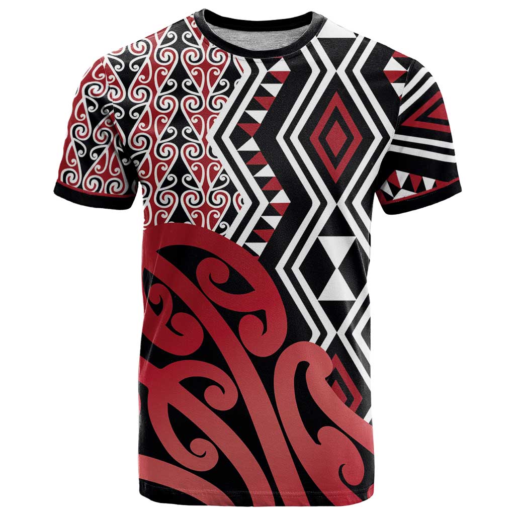New Zealand T Shirt Aotearoa Kowhaiwhai Mix Taniko Art - Red LT14 Red - Polynesian Pride