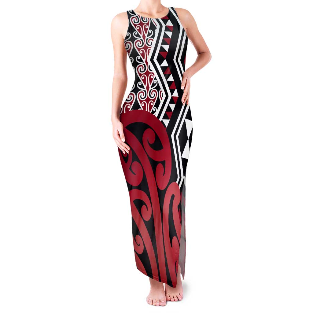 New Zealand Tank Maxi Dress Aotearoa Kowhaiwhai Mix Taniko Art - Red LT14 Women Red - Polynesian Pride