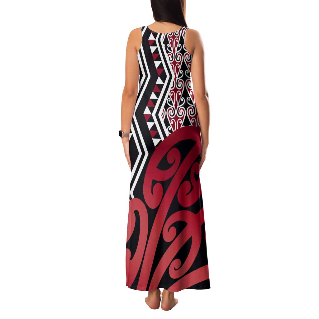 New Zealand Tank Maxi Dress Aotearoa Kowhaiwhai Mix Taniko Art - Red LT14 - Polynesian Pride