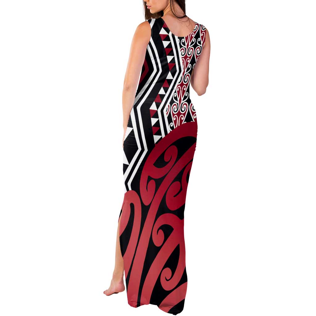 New Zealand Tank Maxi Dress Aotearoa Kowhaiwhai Mix Taniko Art - Red LT14 - Polynesian Pride