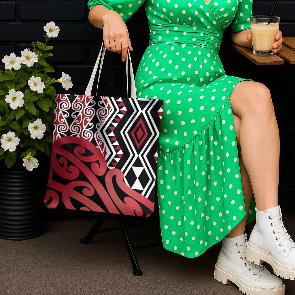 New Zealand Tote Bag Aotearoa Kowhaiwhai Mix Taniko Art - Red LT14 - Polynesian Pride