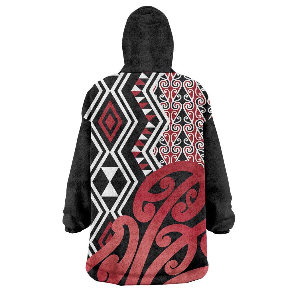 New Zealand Wearable Blanket Hoodie Aotearoa Kowhaiwhai Mix Taniko Art - Red LT14 - Polynesian Pride