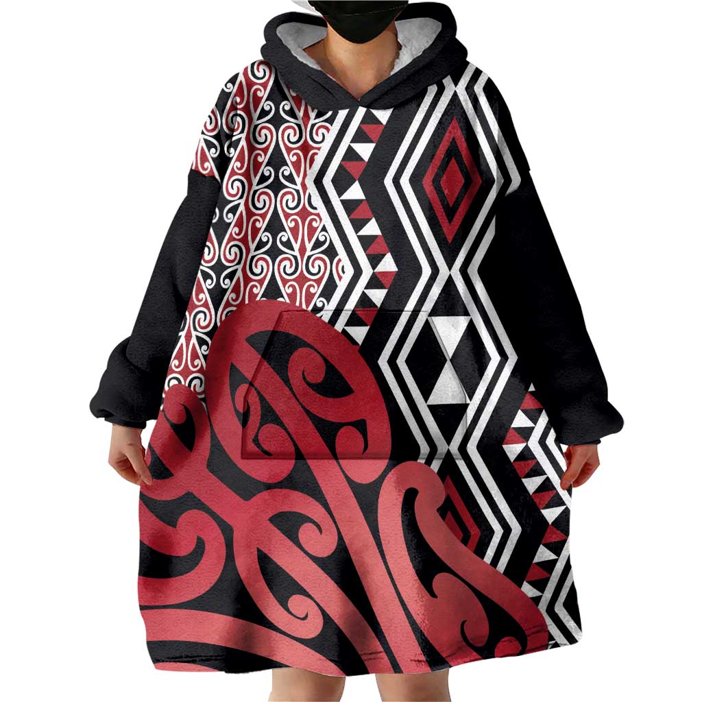 New Zealand Wearable Blanket Hoodie Aotearoa Kowhaiwhai Mix Taniko Art - Red LT14 - Polynesian Pride