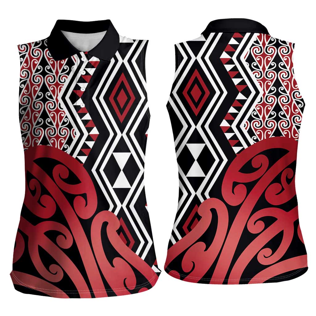 New Zealand Women Sleeveless Polo Shirt Aotearoa Kowhaiwhai Mix Taniko Art - Red LT14 - Polynesian Pride