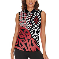 New Zealand Women Sleeveless Polo Shirt Aotearoa Kowhaiwhai Mix Taniko Art - Red LT14 - Polynesian Pride
