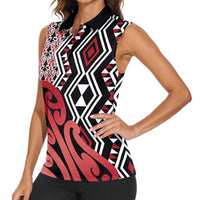 New Zealand Women Sleeveless Polo Shirt Aotearoa Kowhaiwhai Mix Taniko Art - Red LT14 - Polynesian Pride