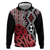 New Zealand Zip Hoodie Aotearoa Kowhaiwhai Mix Taniko Art - Red LT14 Pullover Hoodie Red - Polynesian Pride