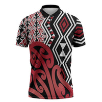 New Zealand Zipper Polo Shirt Aotearoa Kowhaiwhai Mix Taniko Art - Red LT14 Red - Polynesian Pride