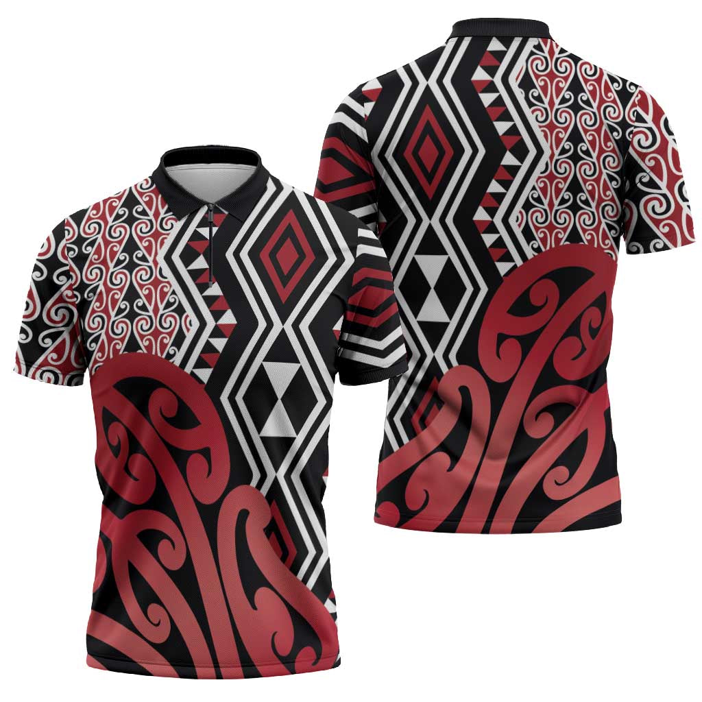 New Zealand Zipper Polo Shirt Aotearoa Kowhaiwhai Mix Taniko Art - Red LT14 - Polynesian Pride