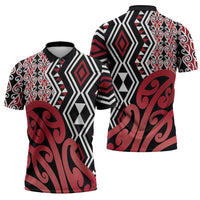 New Zealand Zipper Polo Shirt Aotearoa Kowhaiwhai Mix Taniko Art - Red LT14 - Polynesian Pride