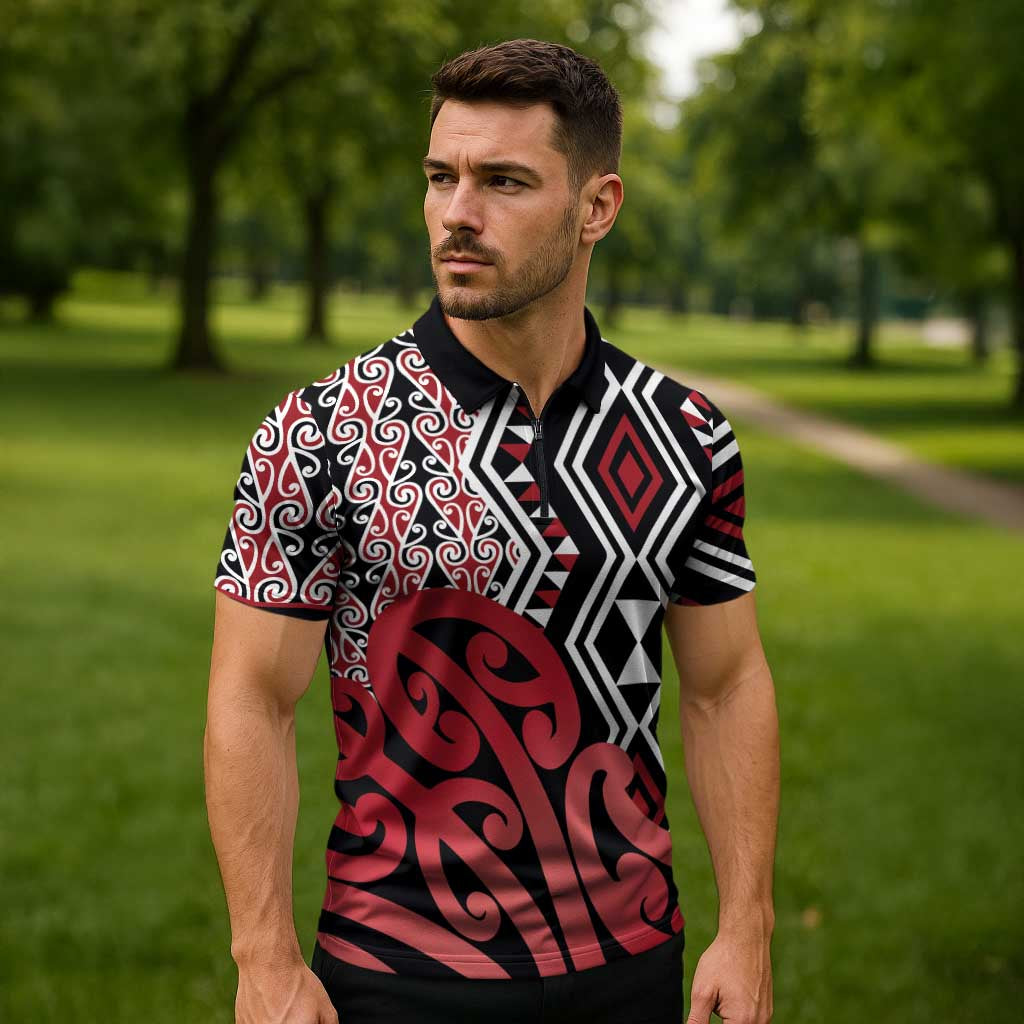 New Zealand Zipper Polo Shirt Aotearoa Kowhaiwhai Mix Taniko Art - Red LT14 - Polynesian Pride