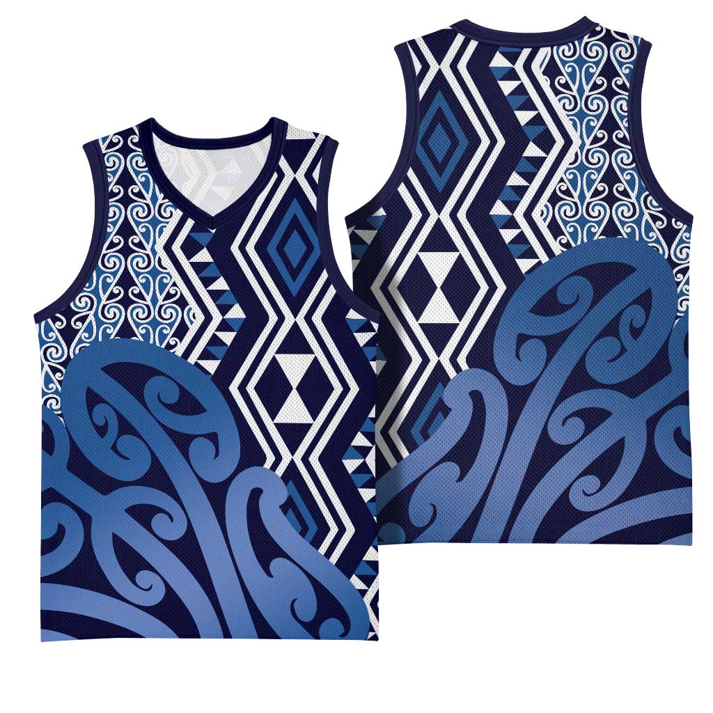 New Zealand Basketball Jersey Aotearoa Kowhaiwhai Mix Taniko Art - Blue LT14 - Polynesian Pride