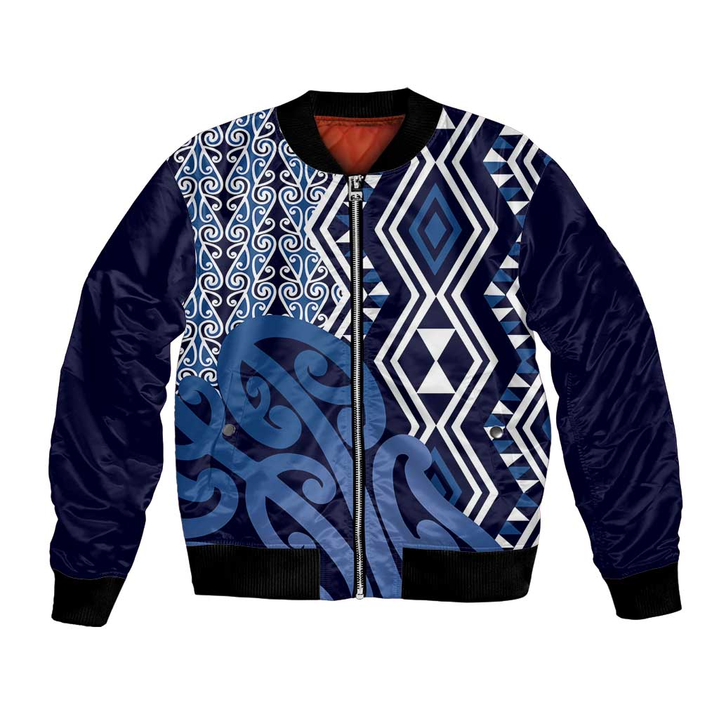 New Zealand Bomber Jacket Aotearoa Kowhaiwhai Mix Taniko Art - Blue LT14 Unisex Blue - Polynesian Pride