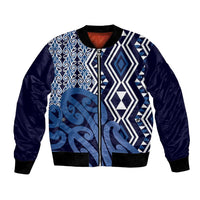 New Zealand Bomber Jacket Aotearoa Kowhaiwhai Mix Taniko Art - Blue LT14 Unisex Blue - Polynesian Pride