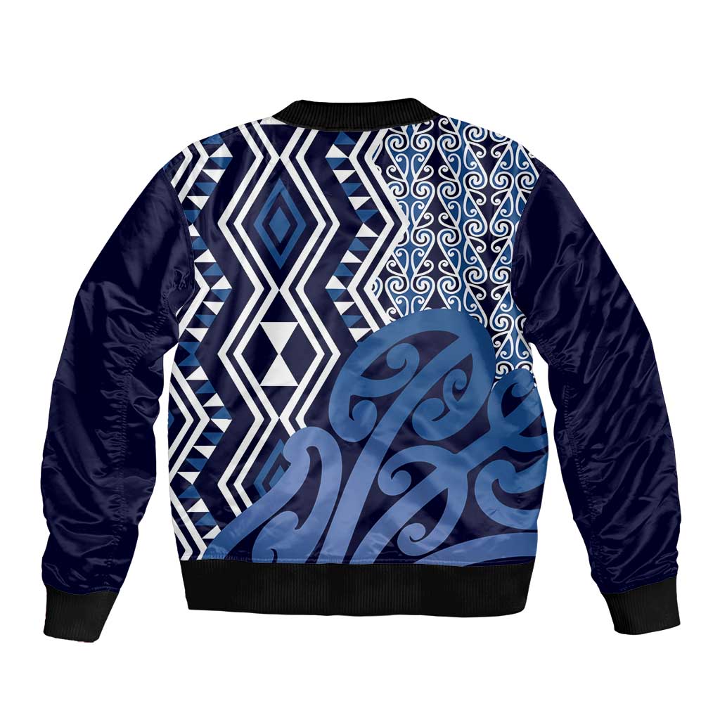 New Zealand Bomber Jacket Aotearoa Kowhaiwhai Mix Taniko Art - Blue LT14 - Polynesian Pride