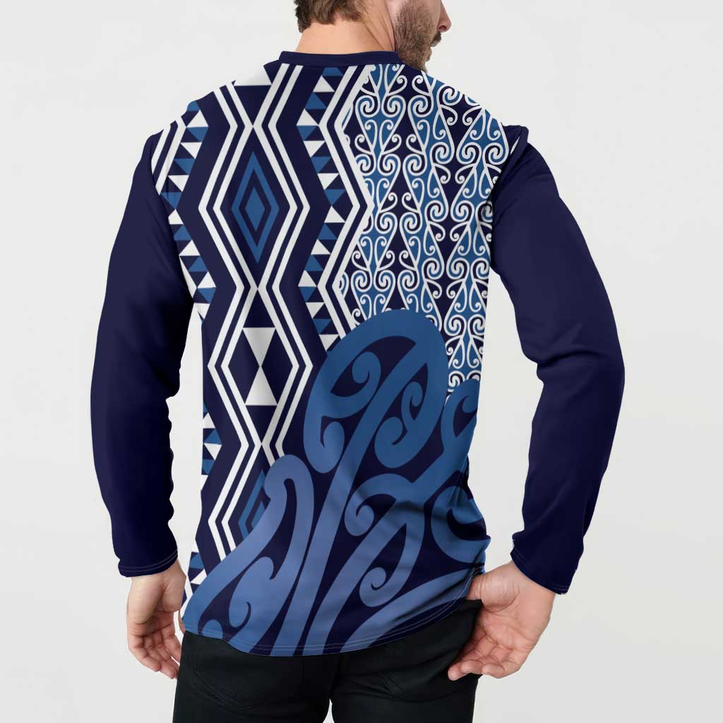 New Zealand Button Sweatshirt Aotearoa Kowhaiwhai Mix Taniko Art - Blue