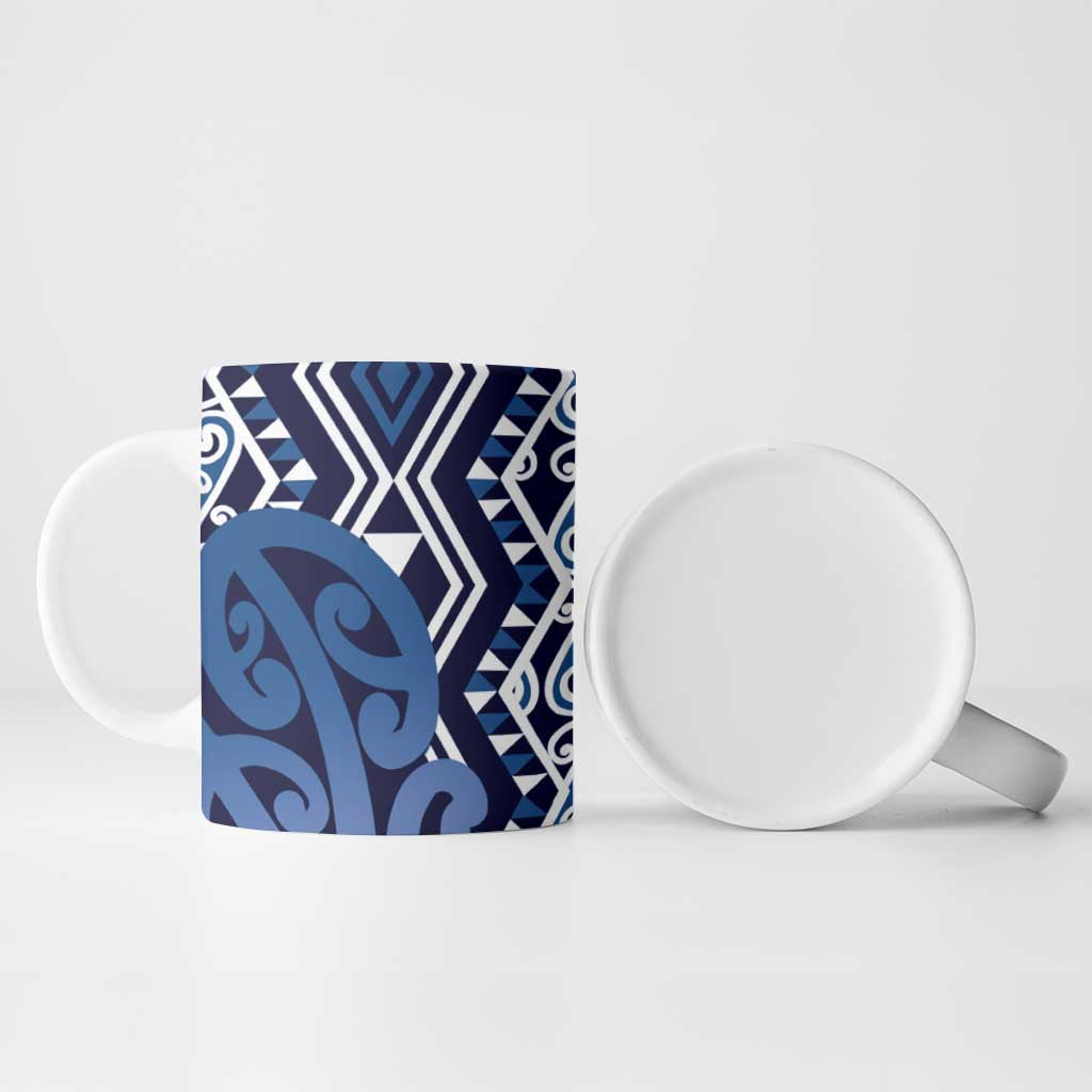New Zealand Ceramic Mug Aotearoa Kowhaiwhai Mix Taniko Art - Blue - Polynesian Pride