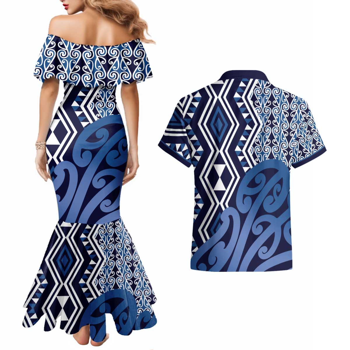 New Zealand Couples Matching Mermaid Dress and Hawaiian Shirt Aotearoa Kowhaiwhai Mix Taniko Art - Blue LT14 - Polynesian Pride