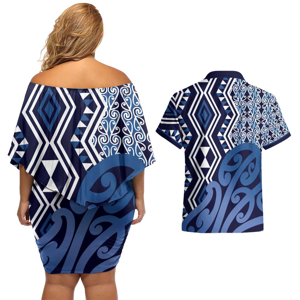 New Zealand Couples Matching Off Shoulder Short Dress and Hawaiian Shirt Aotearoa Kowhaiwhai Mix Taniko Art - Blue LT14 - Polynesian Pride