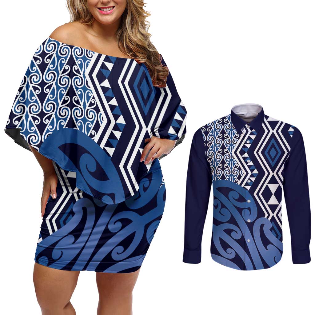 New Zealand Couples Matching Off Shoulder Short Dress and Long Sleeve Button Shirt Aotearoa Kowhaiwhai Mix Taniko Art - Blue LT14 Blue - Polynesian Pride