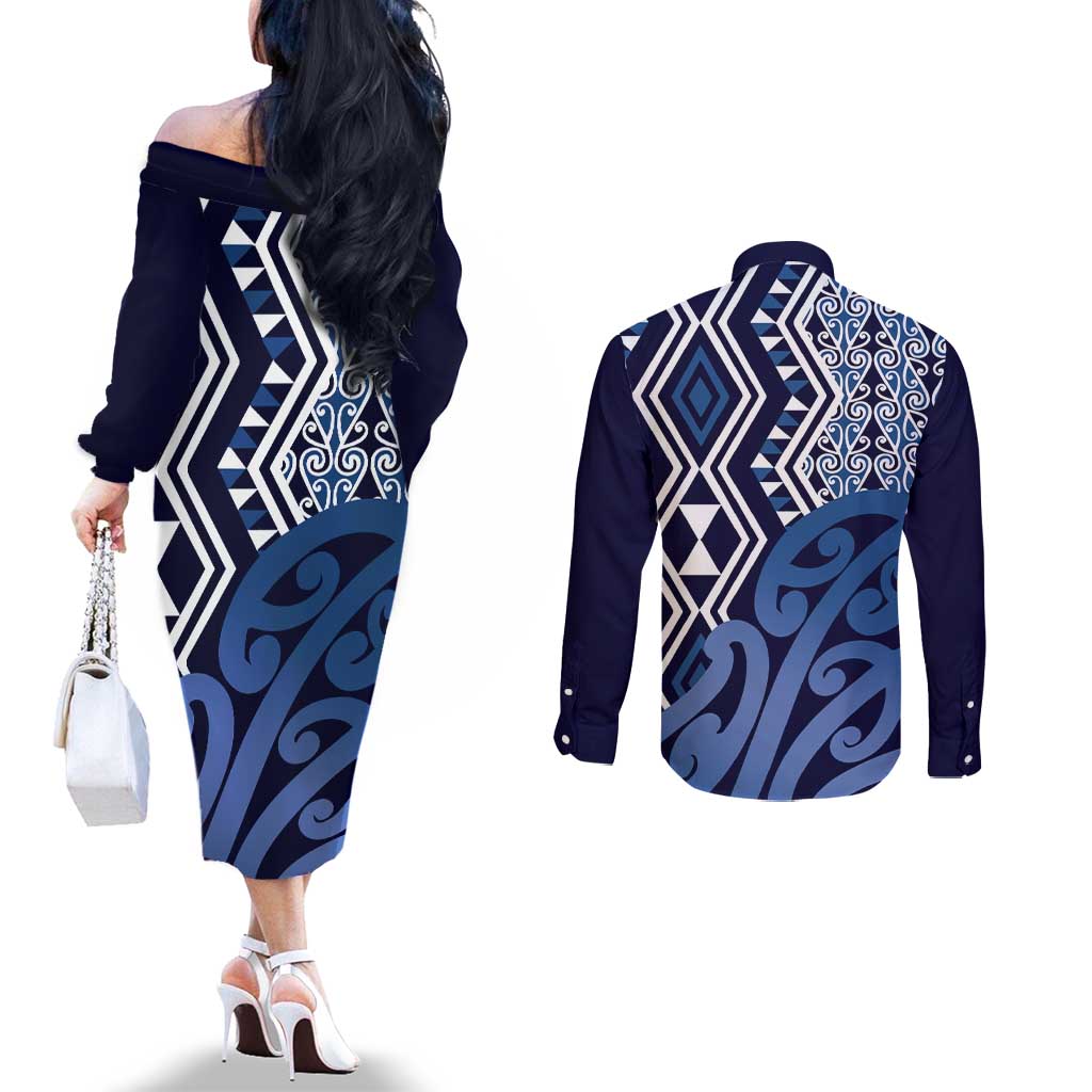 New Zealand Couples Matching Off The Shoulder Long Sleeve Dress and Long Sleeve Button Shirt Aotearoa Kowhaiwhai Mix Taniko Art - Blue LT14 - Polynesian Pride