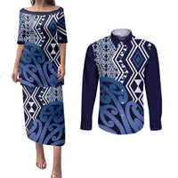 New Zealand Couples Matching Puletasi and Long Sleeve Button Shirt Aotearoa Kowhaiwhai Mix Taniko Art - Blue LT14 Blue - Polynesian Pride