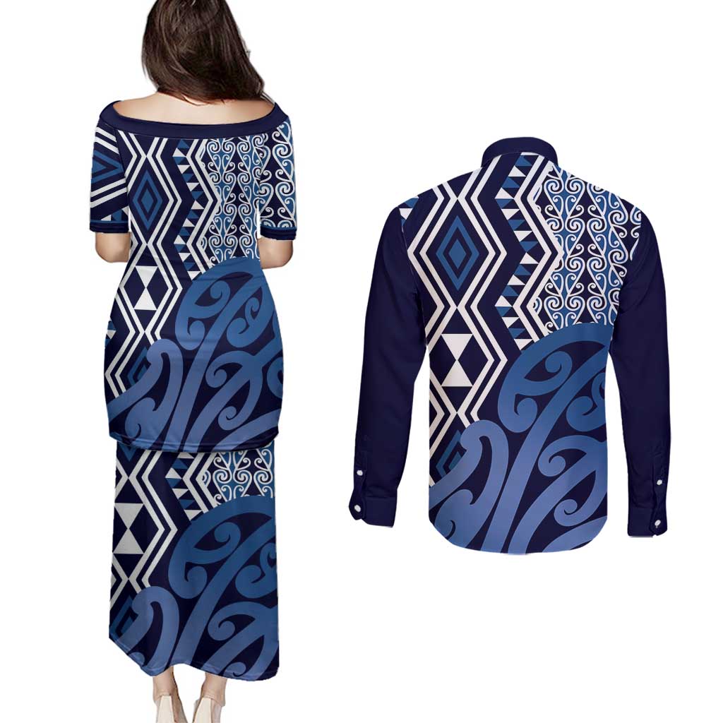 New Zealand Couples Matching Puletasi and Long Sleeve Button Shirt Aotearoa Kowhaiwhai Mix Taniko Art - Blue LT14 - Polynesian Pride
