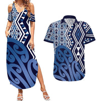 New Zealand Couples Matching Summer Maxi Dress and Hawaiian Shirt Aotearoa Kowhaiwhai Mix Taniko Art - Blue LT14 Blue - Polynesian Pride