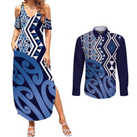 New Zealand Couples Matching Summer Maxi Dress and Long Sleeve Button Shirt Aotearoa Kowhaiwhai Mix Taniko Art - Blue LT14 Blue - Polynesian Pride