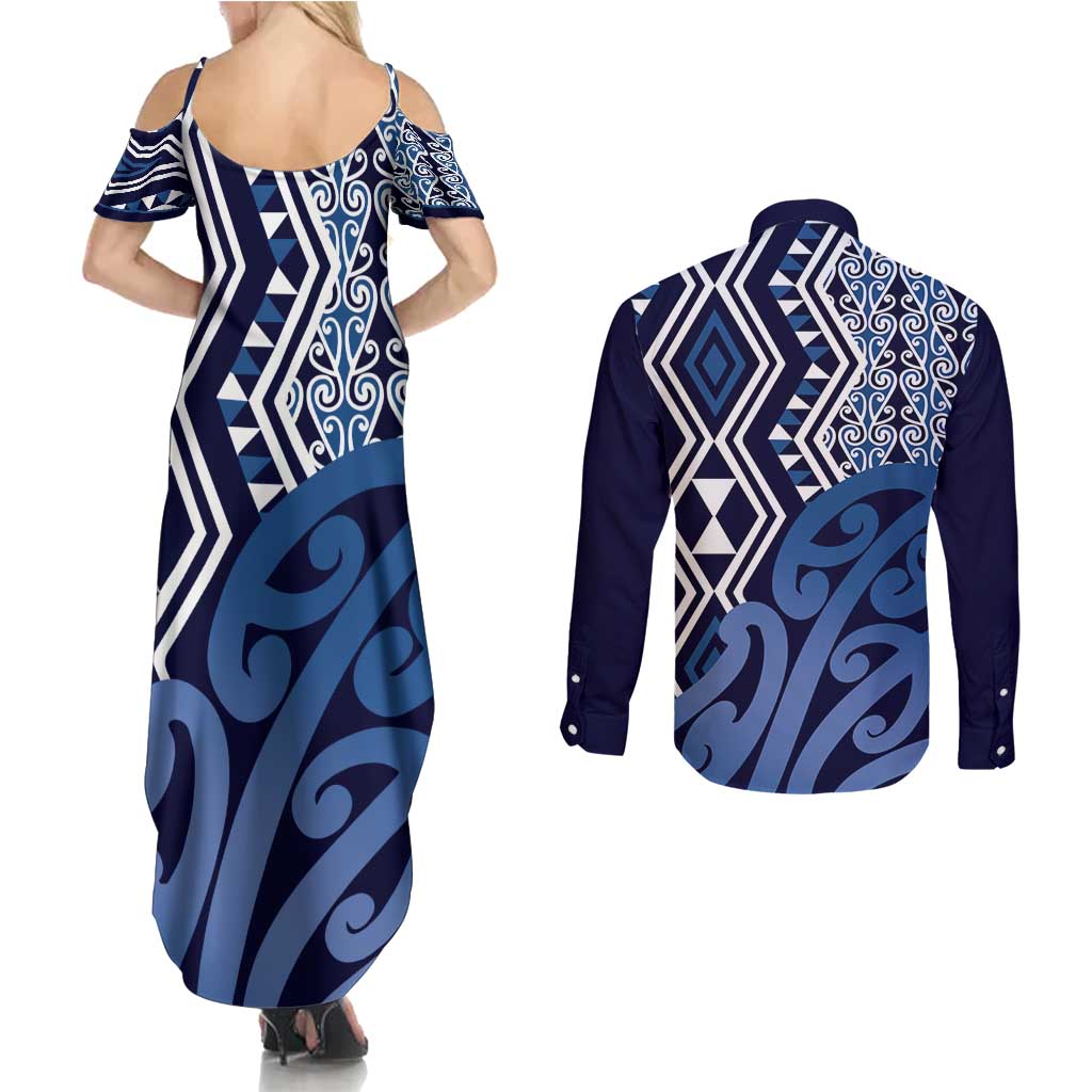 New Zealand Couples Matching Summer Maxi Dress and Long Sleeve Button Shirt Aotearoa Kowhaiwhai Mix Taniko Art - Blue LT14 - Polynesian Pride