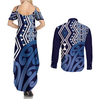 New Zealand Couples Matching Summer Maxi Dress and Long Sleeve Button Shirt Aotearoa Kowhaiwhai Mix Taniko Art - Blue LT14 - Polynesian Pride