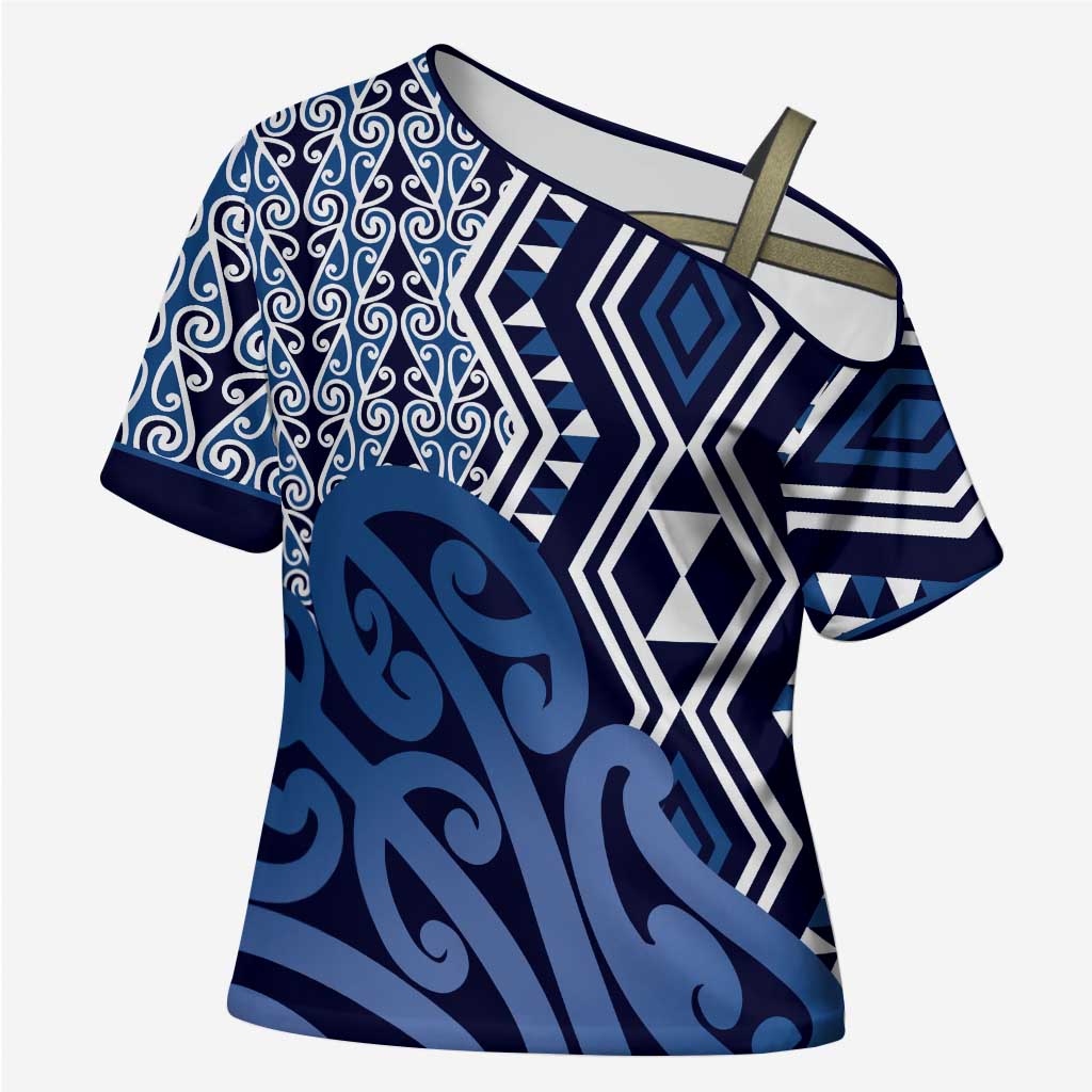 New Zealand Cross Shoulder Shirt Aotearoa Kowhaiwhai Mix Taniko Art - Blue LT14 Female Blue - Polynesian Pride