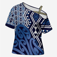 New Zealand Cross Shoulder Shirt Aotearoa Kowhaiwhai Mix Taniko Art - Blue LT14 Female Blue - Polynesian Pride