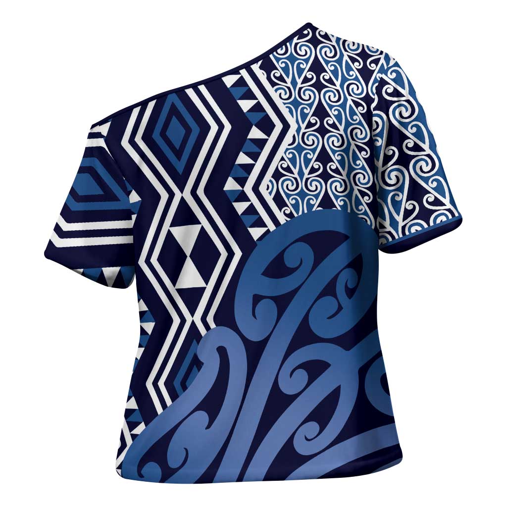 New Zealand Cross Shoulder Shirt Aotearoa Kowhaiwhai Mix Taniko Art - Blue LT14 - Polynesian Pride