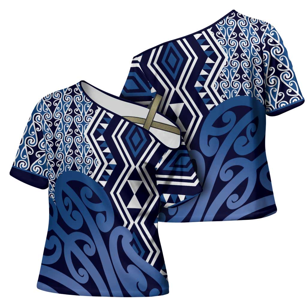 New Zealand Cross Shoulder Shirt Aotearoa Kowhaiwhai Mix Taniko Art - Blue LT14 - Polynesian Pride